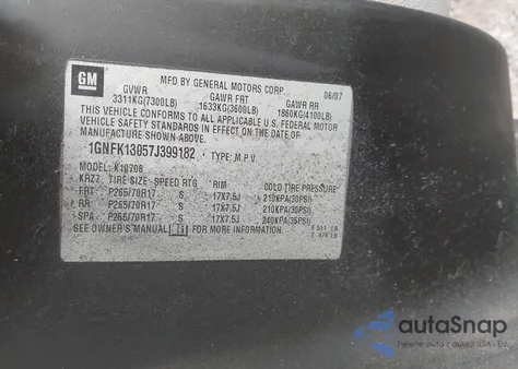 2007 Chevrolet Tahoe Lt z USA, uszkodzony, nr VIN 1GNFK13057J399182